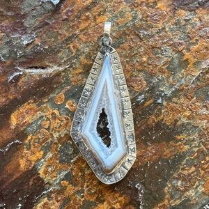 Artisan Sterling Silver Rare Polyhedroid Agate Pendant with Star Stamped Setting